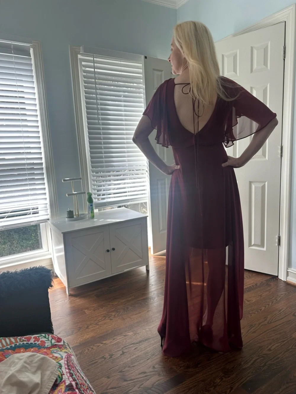 Women’s Burgundy High-Low Chiffon Event Prom Mother of the Bride Dress 2 - Picture 4 of 10